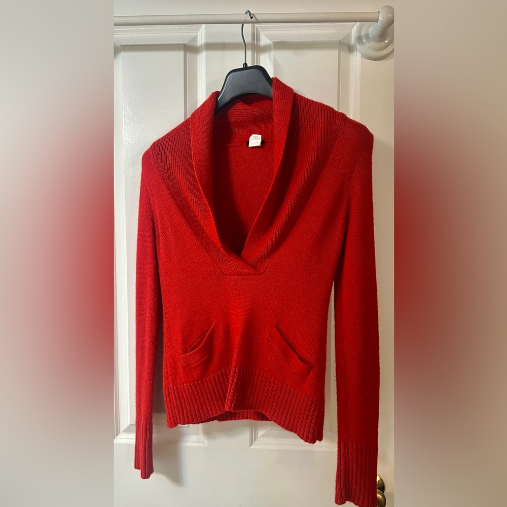 J Crew Red V-Neck Wool Sweater Size S